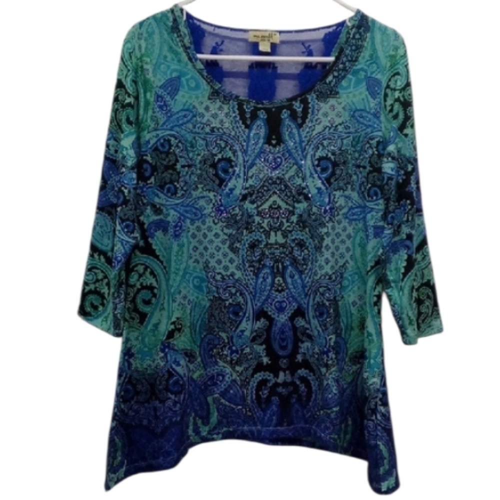 One World Bling Paisley Print Teal and Blue Lace 3/4 Sleeve Shirt